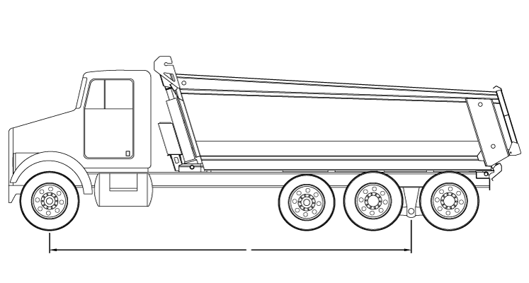 Bridge law example: tri-axle dump truck with 255 inch wheelbase and 58,000 lbs GVW